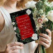 Black and Red Elegant White Floral Wedding Kaart