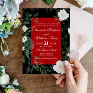 Black and Red Elegant White Floral Wedding Kaart