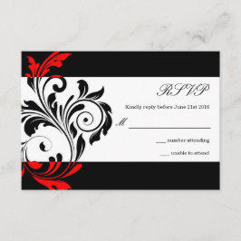 Black and Red Floral Swirl Wedding RSVP Kaartje