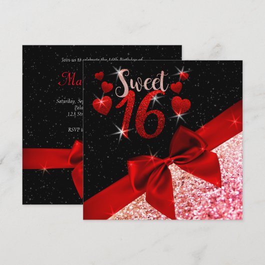 Black and Red Glittery Sweet 16 Invite Kaart (Voorkant / Achterkant)