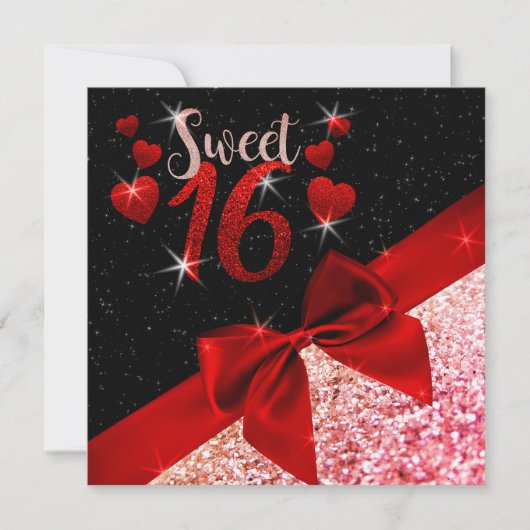 Black and Red Glittery Sweet 16 Invite Kaart (Voorkant)