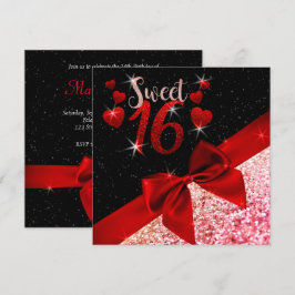 Black and Red Glittery Sweet 16 Invite Kaart