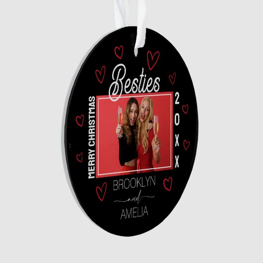 Black and Red Hearts Photo Besties Christmas Ornament (voorkant)