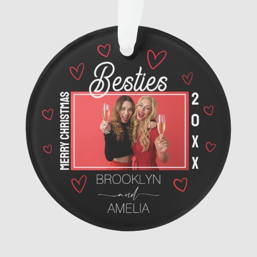 Black and Red Hearts Photo Besties Christmas Ornament (voorkant)