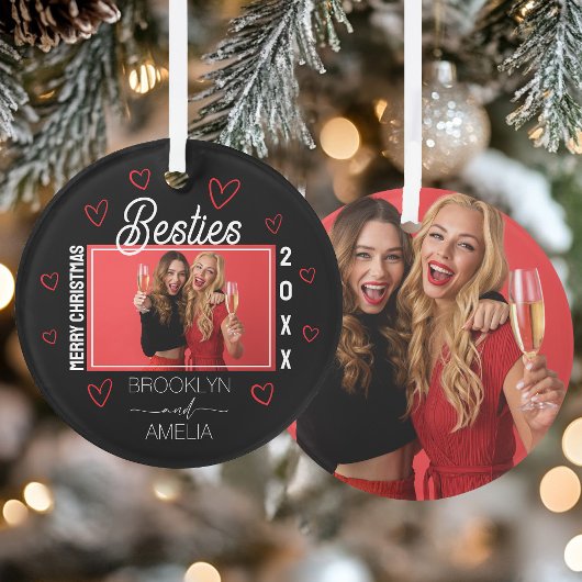 Black and Red Hearts Photo Besties Christmas Ornament