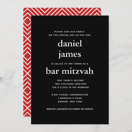 Black and Red Modern Bar Mitzvah Invitation Kaart (Voorkant / Achterkant)