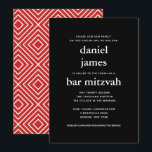 Black and Red Modern Bar Mitzvah Invitation Kaart<br><div class="desc">Deze moderne uitnodiging is voorzien van vetgedrukt wit op de voorkant en een modern patroon op de achterkant. Gebruik de vorm van de sjabloon om uw douanetekst toe te voegen. De functie Aanpassen kan worden gebruikt om het lettertype,  de lay-out en de kleuren te wijzigen.</div>