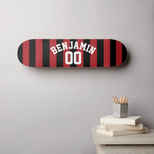 Black and Red Rugby Jersey Stripes Name Number Skateboard (Muurkunst (Horizontaal))