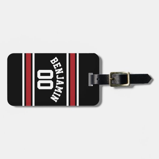 Black and Red Sports Jersey Custom Name Number Bagagelabel (Voorkant horizontaal)