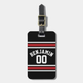 Black and Red Sports Jersey Custom Name Number Bagagelabel (Voorkant verticaal)
