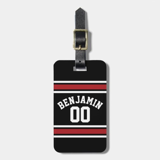 Black and Red Sports Jersey Custom Name Number Bagagelabel (Voorkant verticaal)