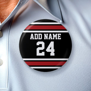 Black and Red Sports Jersey Custom Name Number Ronde Button 5,7 Cm