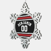 Black and Red Sports Jersey Custom Name Number Tin Sneeuwvlok Ornament (Rechts)