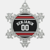 Black and Red Sports Jersey Custom Name Number Tin Sneeuwvlok Ornament (Voorkant)