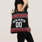 Black and Red Sports Jersey Custom Name Number Tote Bag (Dichtbij)