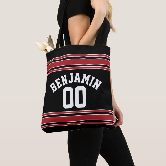 Black and Red Sports Jersey Custom Name Number Tote Bag (Dichtbij)