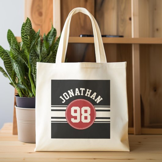 Black and Red Sports Jersey Custom Name Number Tote Bag