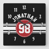 Black and Red Sports Jersey Custom Name Number Vierkante Klok (Voorkant)