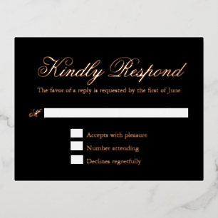 Black and Roos Gold Foil Formal Wedding RSVP Kaart