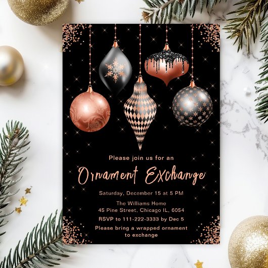 Black and Rose Gold Ornament Exchange Party Kaart