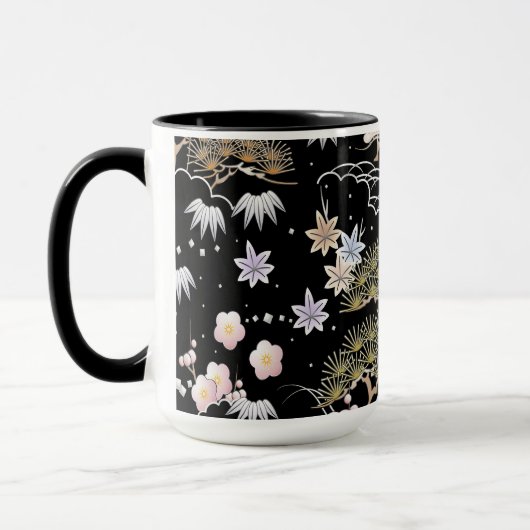 Black and Roze Cherry Blossom Floral Pattern Mok (Links)