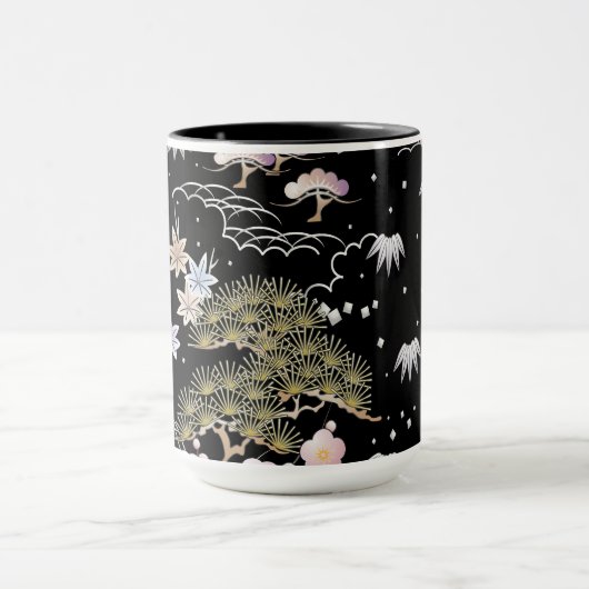 Black and Roze Cherry Blossom Floral Pattern Mok (Midden)