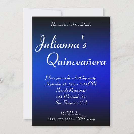Black and Sapphire Blue Ombre Quinceañera Birthday Kaart (Voorkant)