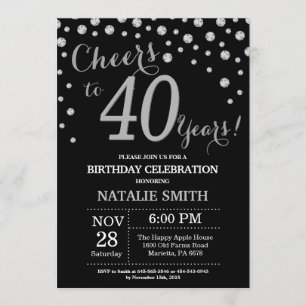 Black and Silver 40th Birthday Diamond Invitation Kaart