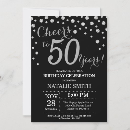 Black and Silver 50th Birthday Diamond Invitation Kaart (Voorkant)