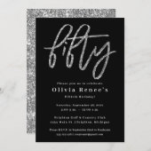 Black and Silver 50th Birthday Invitation Sjabloon Kaart (Voorkant / Achterkant)