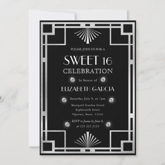 Black and Silver Art Deco  Lijst Sweet 16 Kaart (Voorkant)