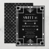 Black and Silver Art Deco  Lijst Sweet 16 Kaart (Voorkant / Achterkant)