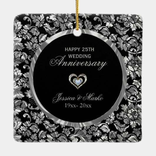 Black and Silver Damask 25th Jubileum Keramisch Ornament (Achterkant)