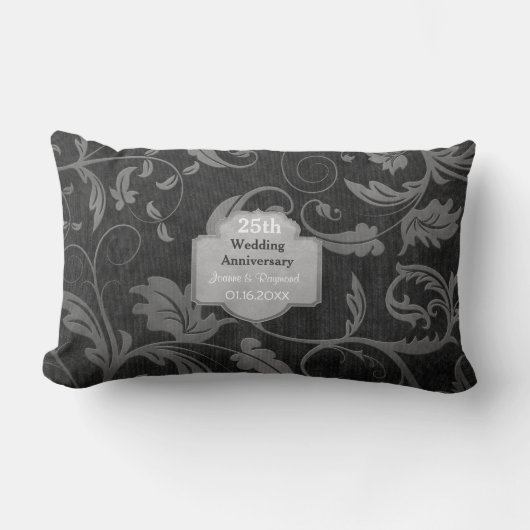Black and Silver Damask 25th Wedding Jubileum Kussen (Voorkant)