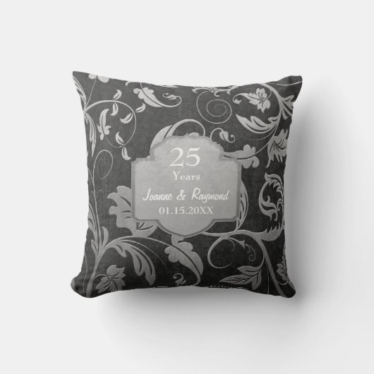 Black and Silver Damask 25th Wedding Jubileum Kussen (Voorkant)
