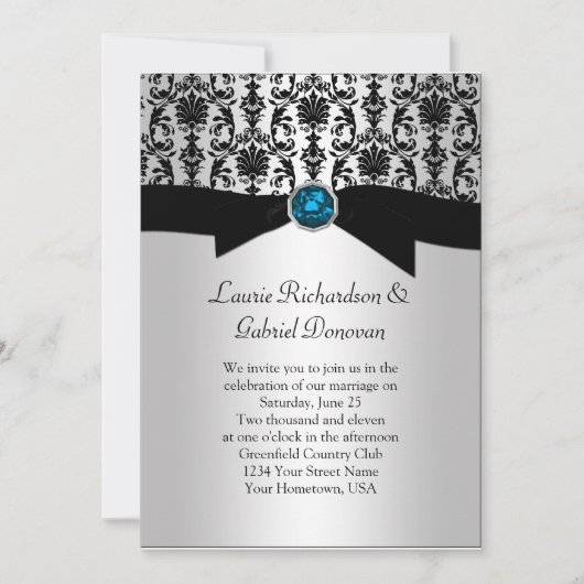 Black and Silver Damask Blue Jewel Wedding Invit Kaart (Voorkant)