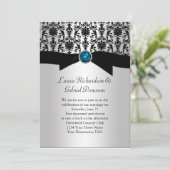 Black and Silver Damask Blue Jewel Wedding Invit Kaart (Staand voorkant)