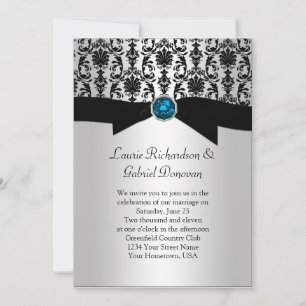 Black and Silver Damask Blue Jewel Wedding Invit Kaart