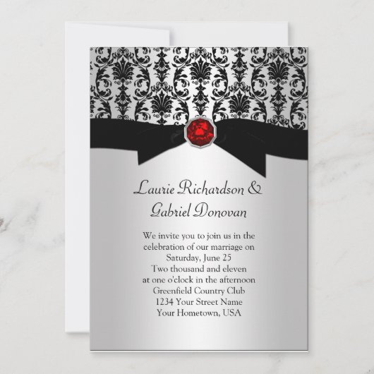 Black and Silver Damask Red Jewel Wedding Invite Kaart (Voorkant)
