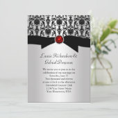 Black and Silver Damask Red Jewel Wedding Invite Kaart (Staand voorkant)