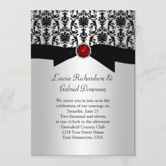 Black and Silver Damask Red Jewel Wedding Invite Kaart