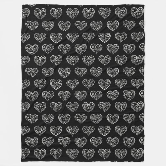 Black and Silver Filigree Hearts Fleece Deken (Voorkant)