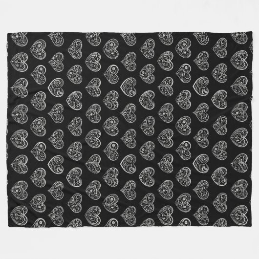 Black and Silver Filigree Hearts Fleece Deken (Voorkant (Horizontaal))