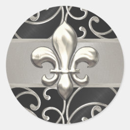 Black and Silver Filigree Swirls Fleur de Lis Ronde Sticker