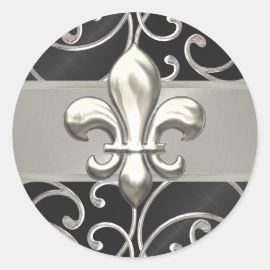 Black and Silver Filigree Swirls Fleur de Lis Ronde Sticker (Voorkant)