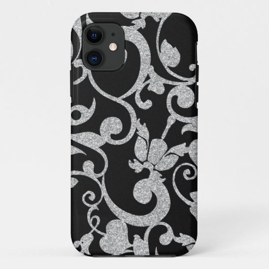 Black and Silver Floral Glitter iPhone Case (Achterkant)