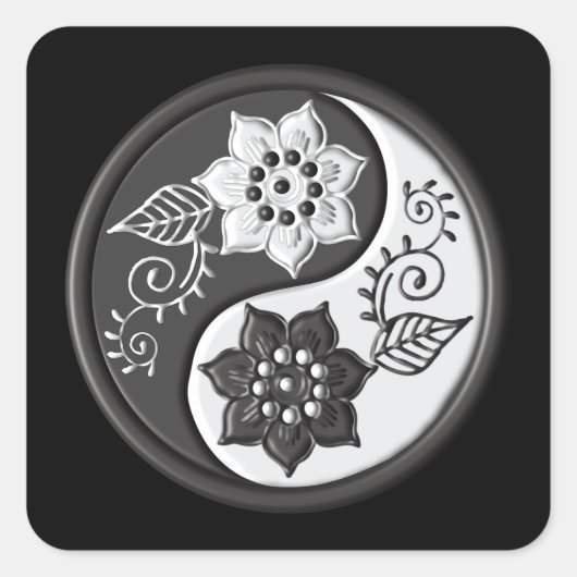 Black and Silver Floral Yin Yang Vierkante Sticker (Voorkant)