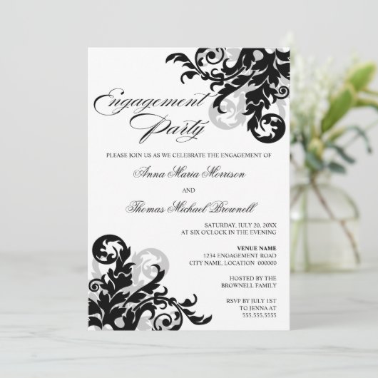 Black and Silver Flourish Engagement Party Kaart (Staand voorkant)