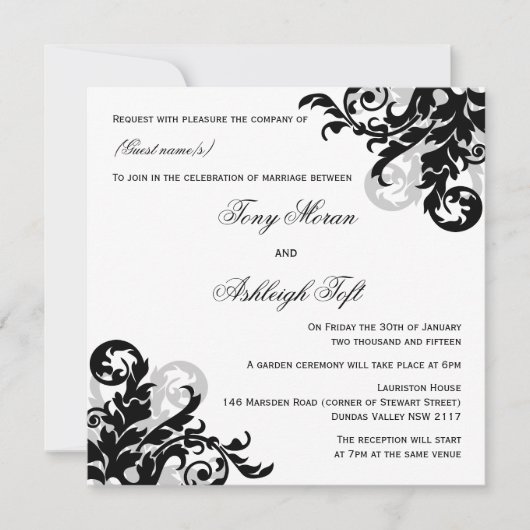 Black and Silver Flourish Wedding Kaart (Voorkant)