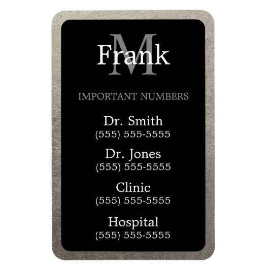 Black and Silver Foil Belangrijke telefoonnummers Magneet (Verticaal)